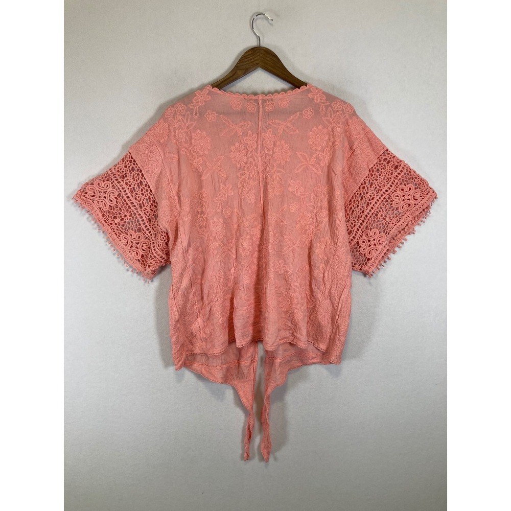 Boho Lane Bryant Womens 18/20 Coral Peach Embroidered Crochet Tie Front Blouse - Picture 2 of 10